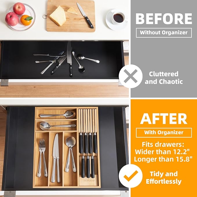 TIOPGHAD Small-Bamboo-Silverware-Drawer-Organizer, Expandable Utensil Kitchen Cutlery Tray Flatware Organization Adjustable Wood Tableware Dividers Storage (with Removable Knife Block)(Natural)