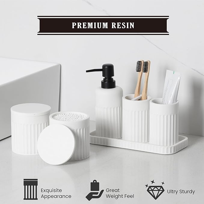 INIUNIK Bathroom Accessory Set - 6 Pieces Bathroom Accessories Set Complete with Soap Dispenser, Toothbrush Holders, Tumbler, Vanity Tray and 2 Qtip Holder for Home Organizer and Decor, White