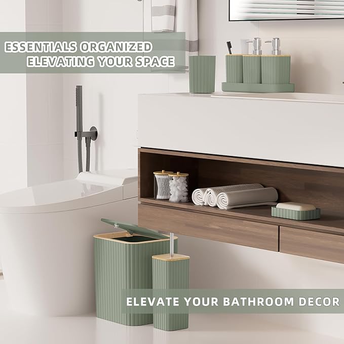 XLHOMO Bathroom Accessories Set - Elegant Sage Green Bathroom Set, 10PC Bathroom Accessory Set, Toilet Brush, Trash Can, Qtip Holder Dispenser & Soap Dispenser