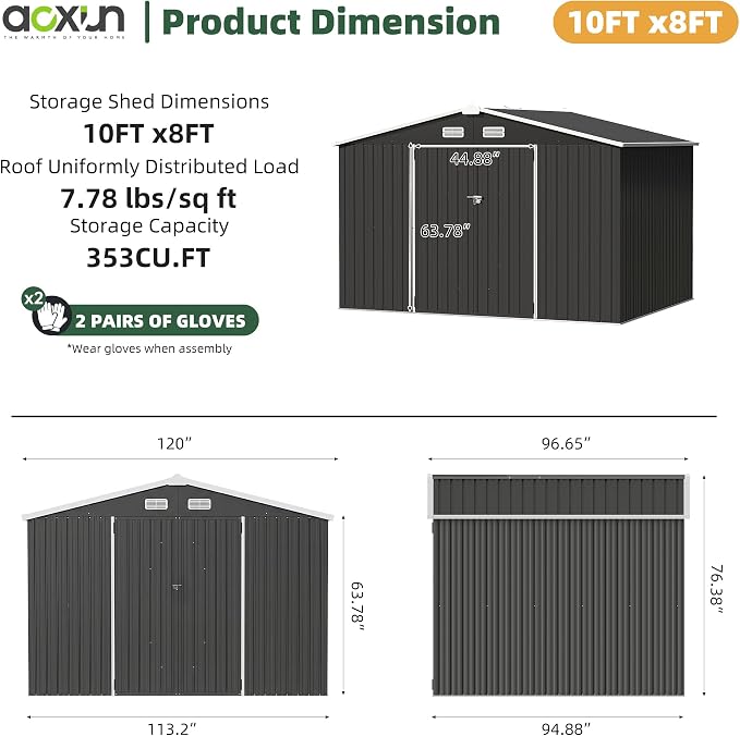 Aoxun 9.8x7.6 FT Shed Outdoor Storage Shed, Black | Metal Shed with Lockable Doors & Slooping Roof Garden Tool Shed for Backyard, Patio, Poolside