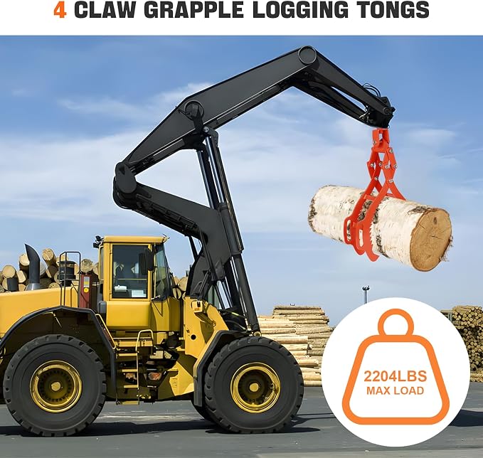 4 Claw Log Lifting Tongs, 32 inch Lumber Skidding Tongs, 3306lbs Capacity Log Grapple Hook, Heavy Duty Steel Timber Logging Grabber, Logging Tongs for Tractors Timberjacks Trucks Skidder Forklifts