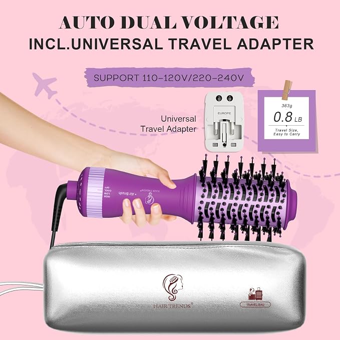 Dual Voltage Travel Hair Dryer Brush | Mini Hot Air Brush Styler & Dryer, Hair Trends Nano Titanium 2 Inch Oval Shape Volumizer, Europe Travel Essentials for Women