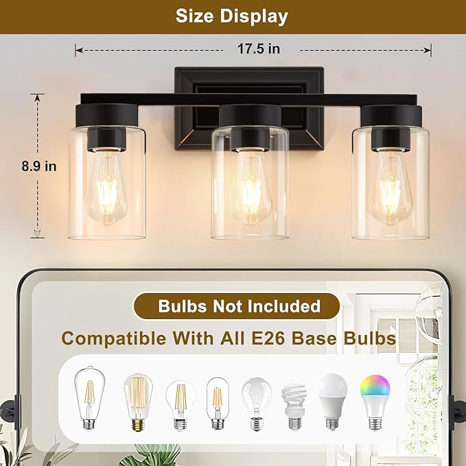 EJIAXIN Bathroom Lights Over Mirror, 3 Light Bathroom Light Fixtures with Clear Glass Shade Modern Matte Black Vanity Lights Lighting for Bathroom, Mirror, Living Room, Bedroom, Hallway