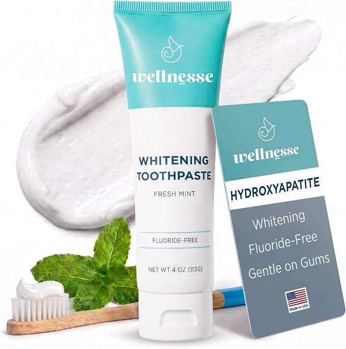 Hydroxyapatite Toothpaste, Whitening, Fluoride Free, Fresh Mint, 4 Oz | Wellnesse Remineralizing Enamel Care, SLS Free, Xylitol Formula for Sensitive Teeth, Dental Oral Care for Adults, Lower Foam