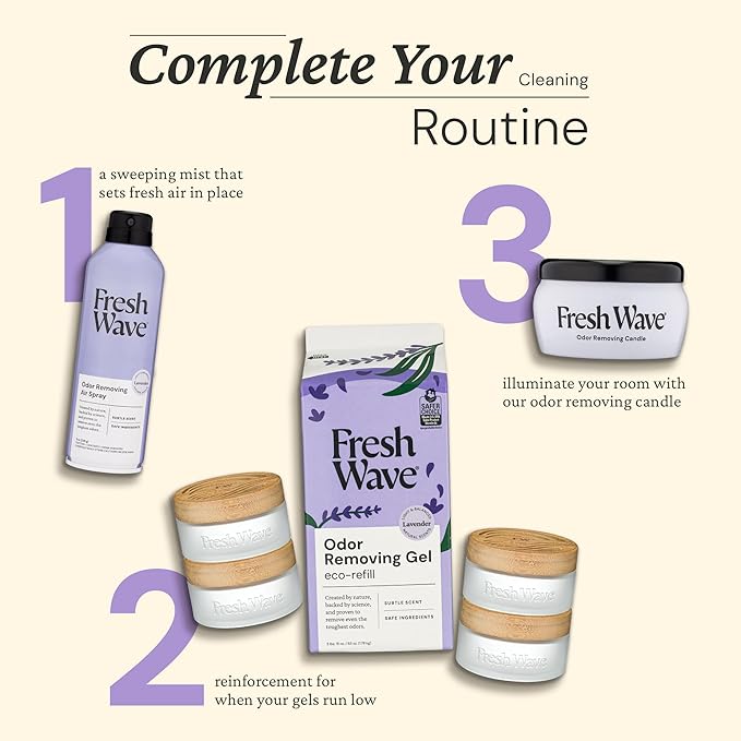 Fresh Wave Odor Removing Gel Eco-Refill, 63 oz. Lavender Scent | 4 Empty Refillable Glass Jars | 4 Room Set