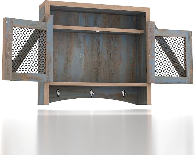 UNA Farmhouse 2 Shelves Wood Wall Cabinet with Net Doors for Bathroom, Kitchen, Living Room, Bedroom, Home Office, Laundry Room, Distressed Blue