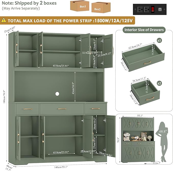 HOSTACK 71" Tall Kitchen Pantry Storage Cabinet, 55" W Kitchen Hutch, Green | Large Pantry Cabinet with Charging Station / Countertop / 3 Drawers, Farmhouse Hutch Cabinet with Storage for Dining Room