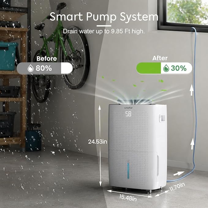 Waykar 145 Pints 6,500 Sq. Ft High Efficiency Dehumidifier with Pump for Commercial and Industrial Large Room, Basement, Home, Storage, Warehouse with Drain Hose and Water Tank