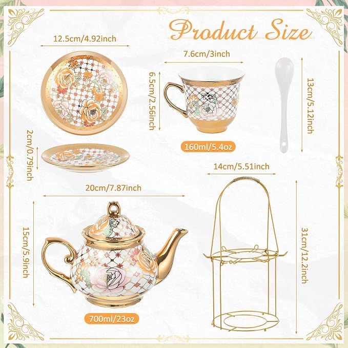Zhehao 20 Pcs Porcelain Tea Set with Metal Holder and Spoon Adult Ceramic Tea Set European Flower Painting Teapot Cup Saucer Spoon for Women Mom Gift, Large Version (Delicate Style)