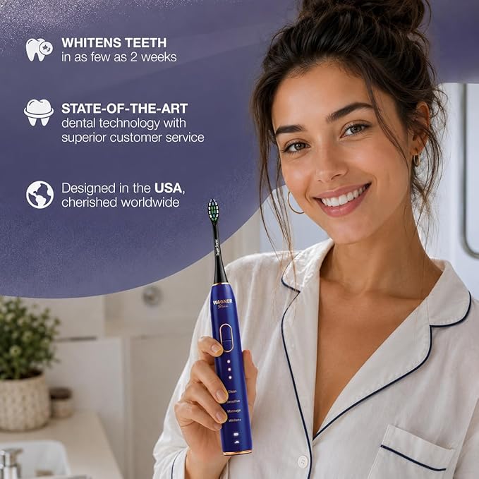 Wagner Stern IntelliBrush Series Whitening Electric Toothbrush with Pressure Sensor. Offers 4 Brushing Modes, 3 intensities, 8 Soft Brush Heads, and a Luxury Travel case.
