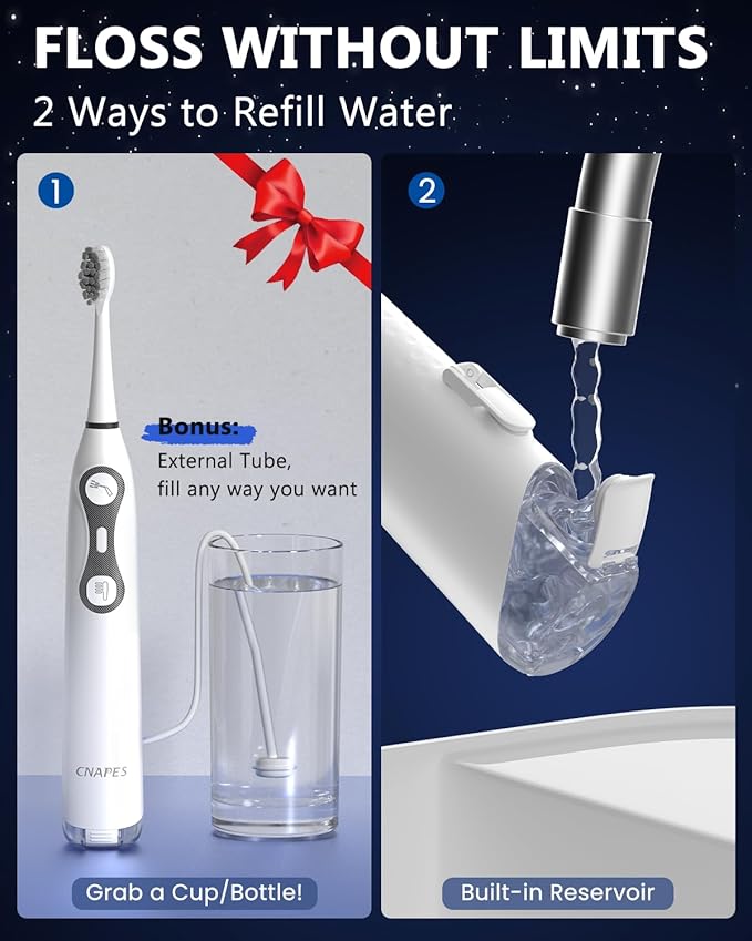 Electric Toothbrush with Water Flosser, 3-in-1 Sonic Brush & Oral Irrigator Combo for Adults, Cordless Brush & Floss System with 5 Brush Heads, 3 Modes, 30-Day Battery, for Braces & Sensitive Gums