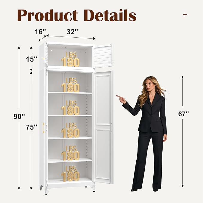 SteeLoong 90”Metal Pantry Storage Cabinet with Doors & 4 Adjustable Shelves | Kitchen Pantry Cabinet,White Kitchen Cabinet with 4 Gold Handles,Tall Cabinet for Livingroom,Pantry, Bathroom,Kitchen,Garage