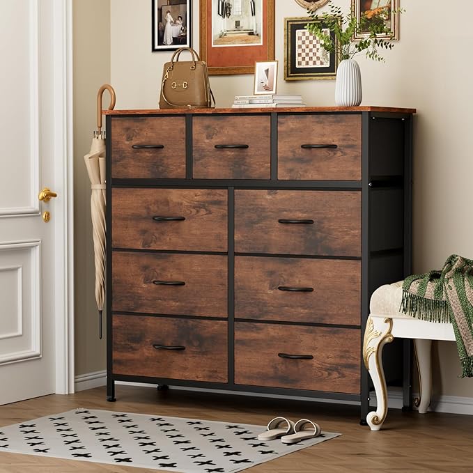 Sweetcrispy 9-Drawer Fabric Dresser Storage Tower with Wood Top and Steel Frame, Organizer Chest with Easy Pull Handles for Bedroom, Closet, Hallway,Distressed Brown