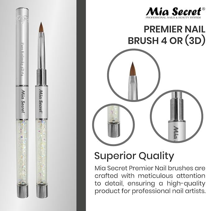 Mia Secret PREMIER NAIL BRUSHES 100% Kolinsky Hair MADE IN USA Prenium Nail Art Brushes (Silver, 4 OR (3D))