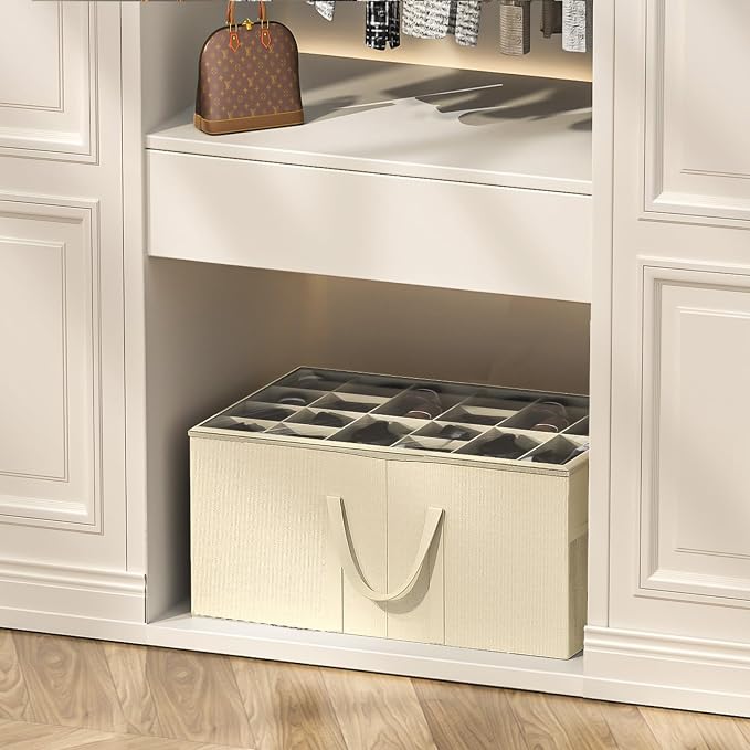 Aokeyee 2 Pack Shoe Organizer for Closet, Large Shoe Storage Box, Beige | Fits up to 48 Pairs, Stackable, Space Saving, Foldable, Shoes Organizer Bin with Clear Cover, 4 Reinforced Handles