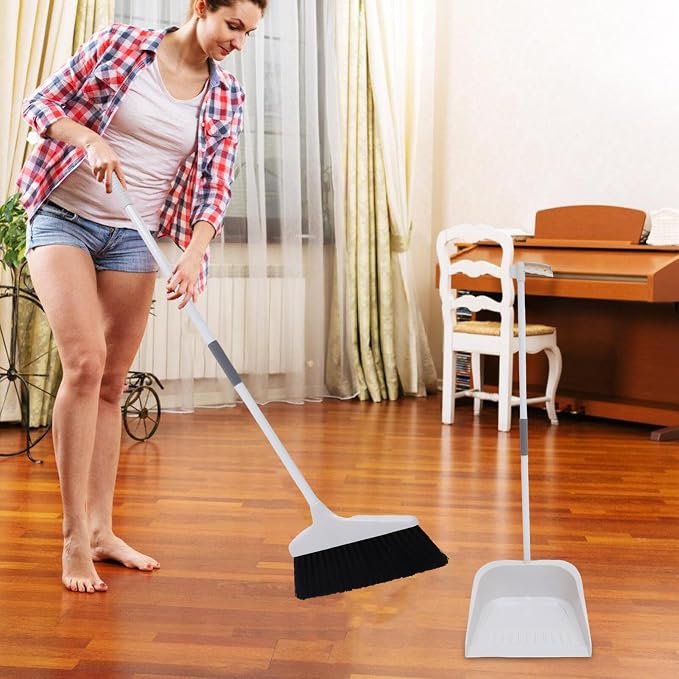 Broom and Dustpan Set, Heavy Duty Dust Pan and Broom with Long Handle, Standing Dustpan Set Household Floor Cleaning Tools for Home Kitchen Indoor Sweeping White