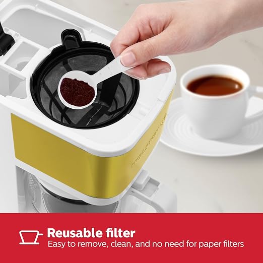 Holstein Housewares 5 Cup Coffee Maker – Compact Drip Coffee Machine with Auto Pause & Serve, Reusable Filter, Glass Carafe, Water Window & Warming Plate. White & Gold