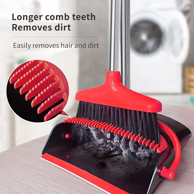 Broom and Dustpan Set (54") Long Handle Home Cleans Collapsible Broom with Dustpan Combo for Sweeping Dorm Classroom Lobby Kitchen Office (Black and Red)
