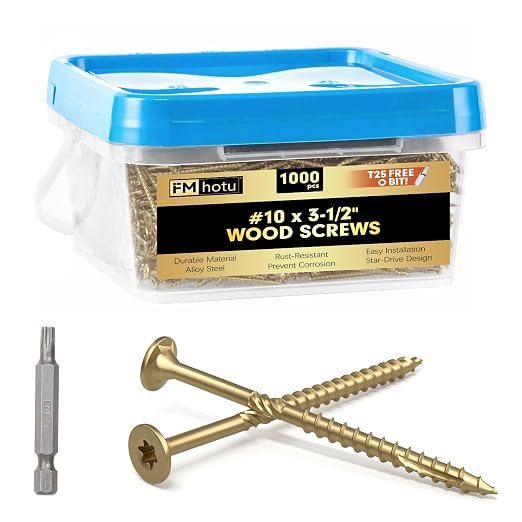 #10 x 3-1/2” Deck Screws, 1000Pcs Star Drive Wood Screws | Rust Resistant Timber Screws for Timber/Log/Landscaping Wood, T25 Star Bit Included, Gold