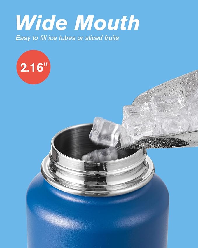 Coolflask Water Bottle 32 oz Insulated with Straw, Stainless Steel Metal 3 Lids Water Flask Wide Mouth for Sports or Office, Non-BPA Keep Cold Up to 48 Hrs or Hot Up to 24 Hrs, King's Blue