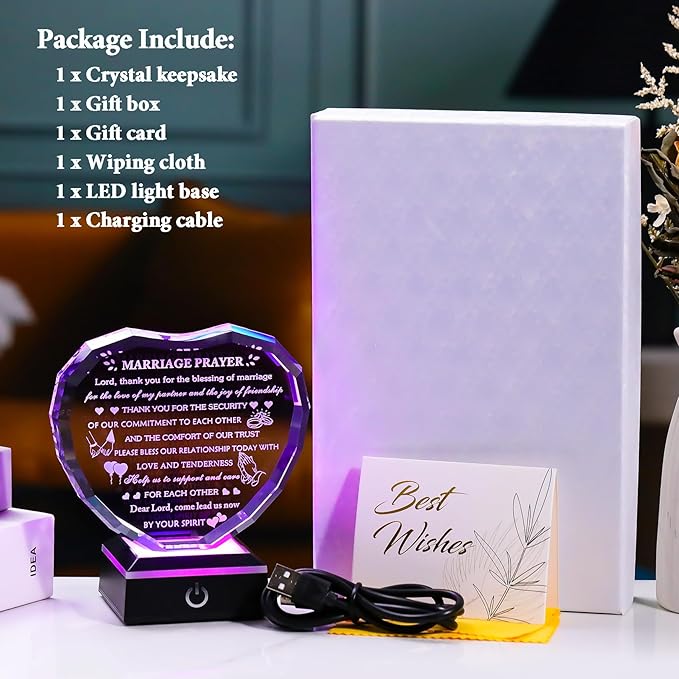 Arikyrist Wedding Gifts for Couples with Colorful LED Base 2026 Crystal Heart Anniversary Marriage Prayer Gifts, Newlywed Mr and Mrs Gift Decoration Sign Plaque Marriage Blessing Couple Bride Gift