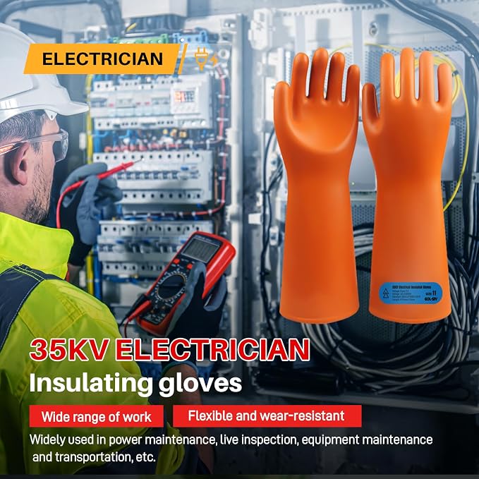 Class 3 Insulated Gloves, ASTM D120, 26500V, 1 Pair, Yellow | High voltage dielectric rubber gloves for linemen & electricians. Electrical safety PPE, arc flash protection.