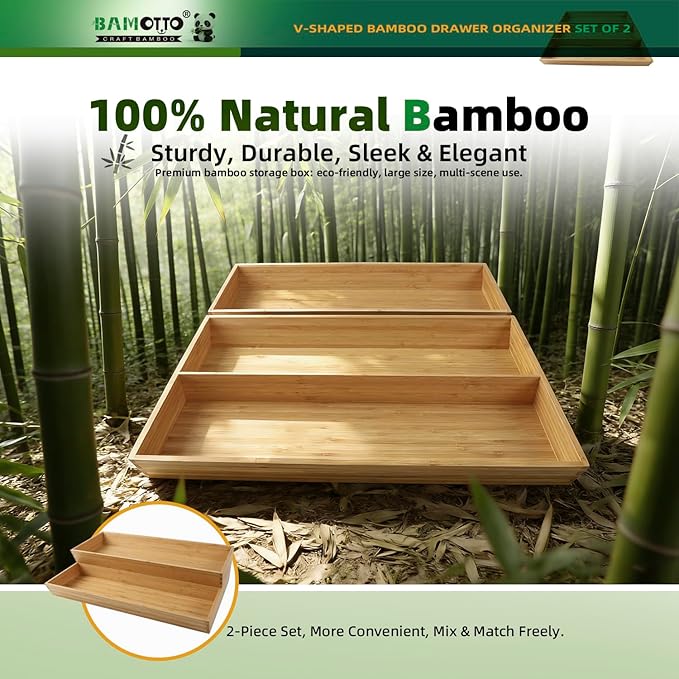 BAMOTTO CRAFTBAMBOO V-Shaped 2-Pack 19.6" Long Bamboo Drawer Organizer Box - Easy Reach Kitchen Utensil Flatware Silverware Cooking Tools Storage for Home Bedroom Bathroom (19.6"x12.4"/19.6"x7.8")