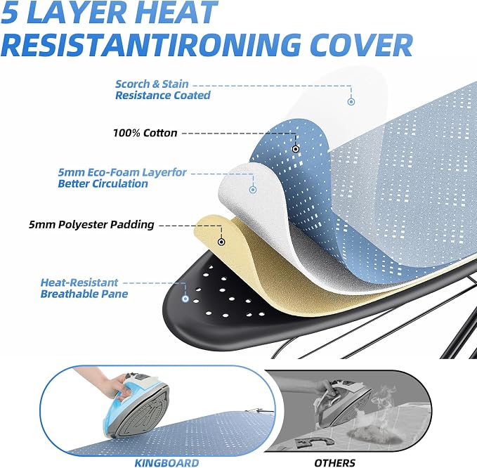 KINGBOARD Ironing Board, Compact Iron Board Full Size with Extra Thick Cover, 7 Adjustable Heights Stand with Hanger and Iron Rest, Large Heavy Duty Ironing Board with Storage Tray, 13x43 Blue