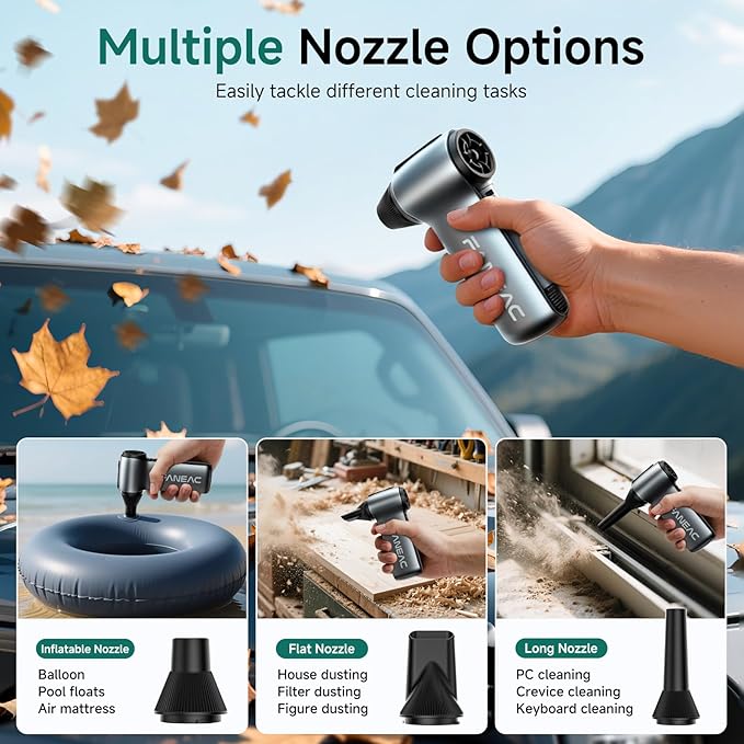 Mini Compressed Air Duster, 130,000 RPM Cordless Electric Air Blower, 3-Speed Rechargeable PC and Keyboard Cleaner with 4 Nozzles