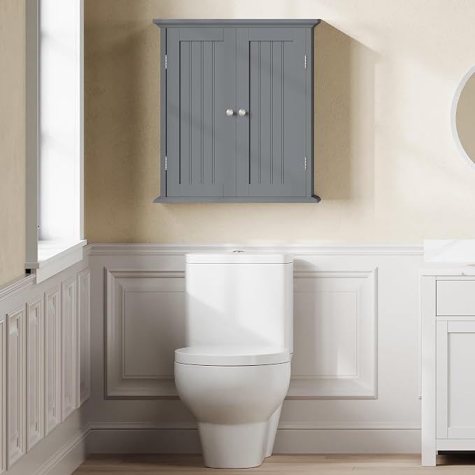 ChooChoo Bathroom Wall Cabinet, Over The Toilet Space Saver Storage Cabinet, Medicine Cabinet with 2 Door and Adjustable Shelves, Cupboard, Grey