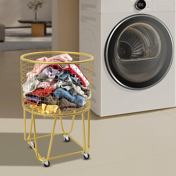 Rolling Laundry Basket with Wheels, Round Metal Mesh Wire Laundry Hamper, Large Capacity Dirty Clothes Basket, Versatile Portable Storage Basket for Home, 17"×11.8"×25.6" (Gold-Round)