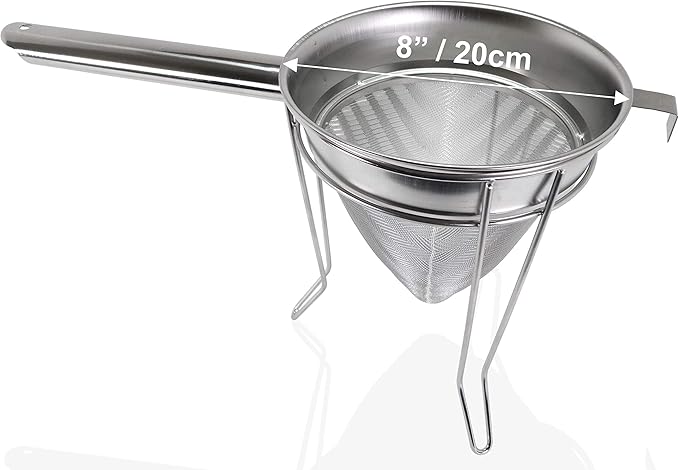 Anchy Premium 8" Chinois Fine Mesh Strainer Set with Stand & Bamboo Spatula – 18/8 Stainless Steel China Cap Cone Sieve, Professional Bouillon Strainer for Sauces, Soups, Broth, Stock, Jelly & Purees