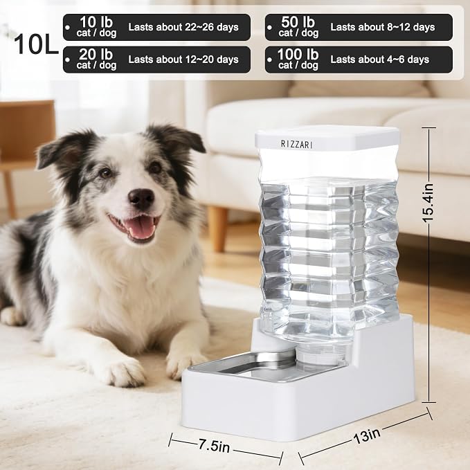 RIZZARI 10L Filtered Dog Water Dispenser:Gravity Auto Refill | Wide-Mouth Easy Cleaning/Fresh Water Filtration/Modern Home Appearance/Hassle-Free Refilling/Daily Hydration Support