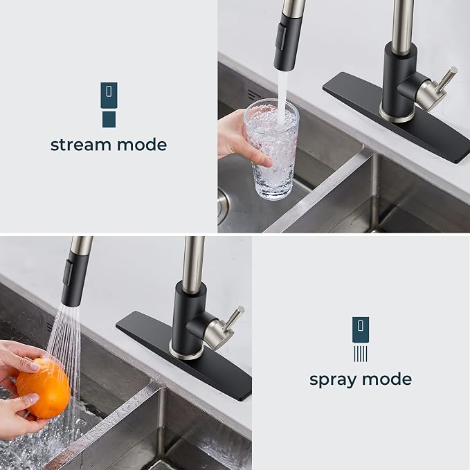 FORIOUS Kitchen Faucet with Pull Down Sprayer, High Arc Modern Classic Sink Faucet Stainless Steel with Deck Plate Fit for 1 or 3 Hole for Pot Filler Bar Farmhouse Laundry Rv, Black Brushed