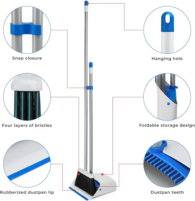 Broom and Dustpan Set with Long Handle 52", Standing Broom and Dust Pan Set for Home Kitchen Room Office Lobby Blue