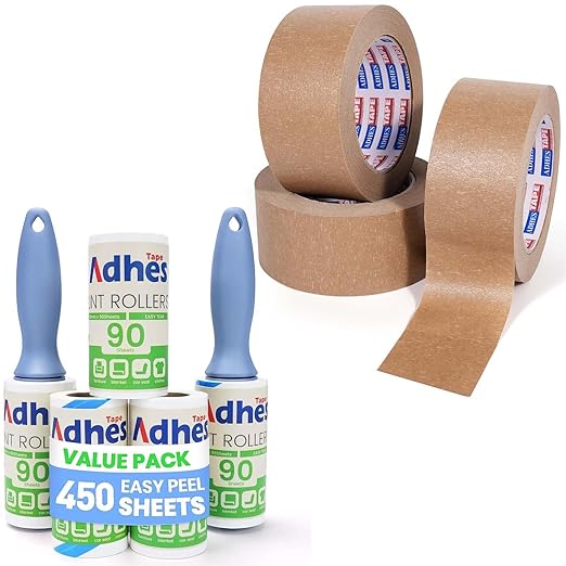 ADHES Heavy Duty Paper Packing Tape + Lint Roller for Pet Hair
