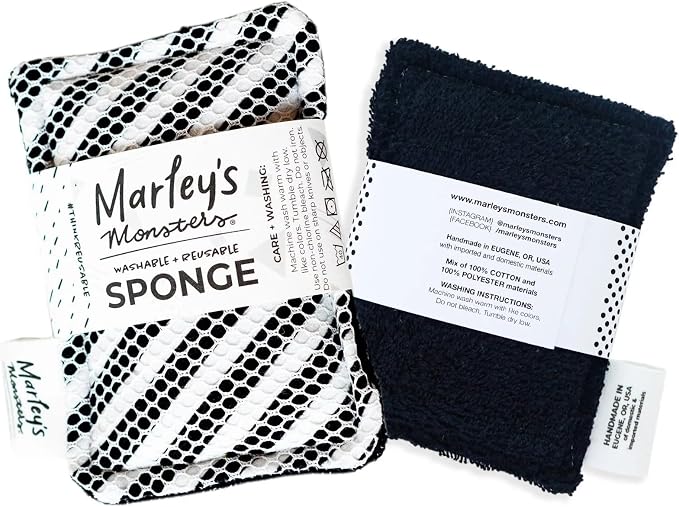 Marley's Monsters Washable Sponge – Reusable Eco-Friendly Scrubber – Dual-Sided for Gentle Cleaning or Heavy Duty Scrubbing – 4" x 5.5" Handmade in USA(Surprise Prints/Black Back)