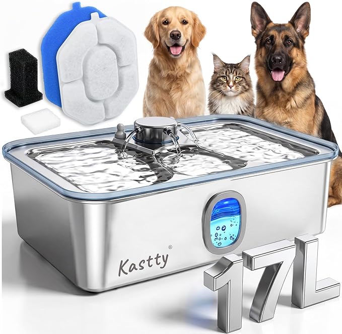 Kastty 17L/4.5Gal Large Dog Water Fountain Stainless Steel for Multi-Pet | Quiet Pet Water Fountain , Automatic Dog Water Bowl Dispenser with Visible Window & Alert Light, 5-Stage Filtration FS85