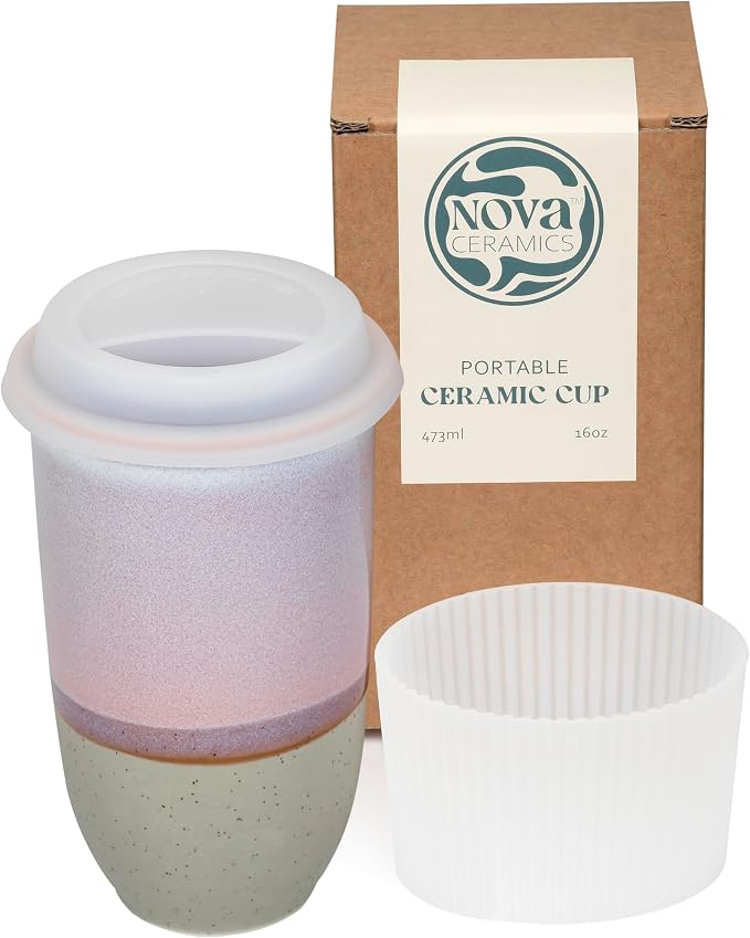 NOVA CERAMICS Coffee Travel Mug – Reusable To Go Mug – Microwave & Dishwasher Safe White & Purple Tumbler - Gifts For Women Men Him Her – 16oz – Horizon