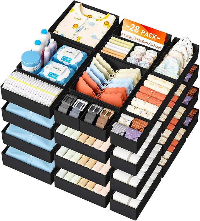 DIMJ Drawer Organizer Clothes 28 Pack - Foldable Baby Organizers and Storage & Closet Organizers for Bedroom, Closet - Nursery Organization Dresser Dividers for underwear, Sock,Bra, Belt, Tie,Black
