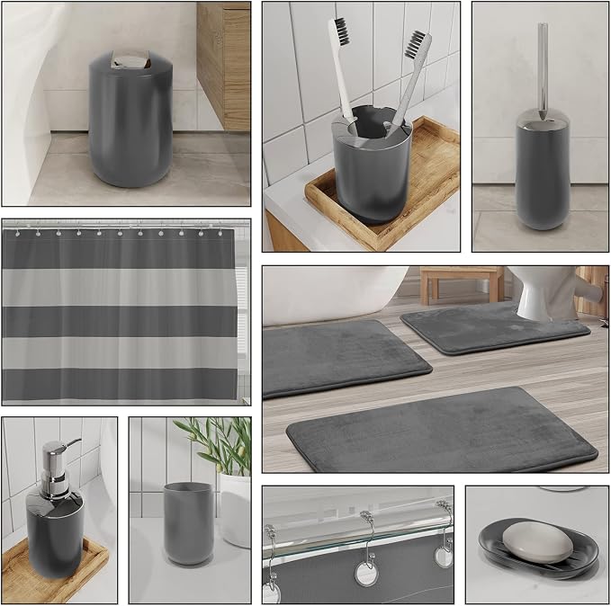Clara Clark Bathroom Accessories Set - 28PC Bathroom Set with Adhesive Corner Shower Caddy Hanging, Bathroom Sets with Shower Curtain and Rugs, Grey Shower Curtain Set with Bathroom Trash Can