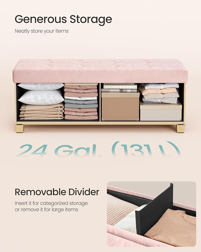 SONGMICS Storage Ottoman Bench, PU Leather Foldable Footrest with Padded Seat, 43.3 x 15 x 15.7 inches, Pink, Sturdy Space Saving Chest for Bedroom, Minota Collection ULSF524SA01