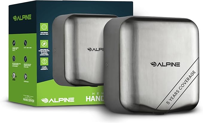 Alpine Industries 400-10-SSB Alpine Hemlock Automatic Hand Dryer - Heavy Duty Stainless Steel - Commercial High Speed Hot Air Hand Blower | 1800Watts | 110-120Volts | Quick & Easy Installation, Brushed Stainless Steel