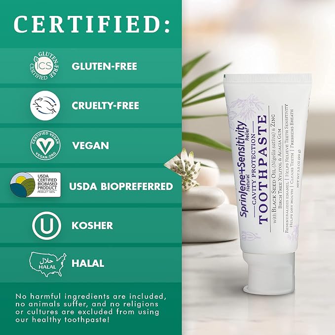 SprinJene Natural Sensitivity Relief Toothpaste – Fluoride Toothpaste for Sensitive Teeth & Cavity Protection – SLS Free with Patented Black Seed Oil & Zinc – Made in the USA (4 Pack)