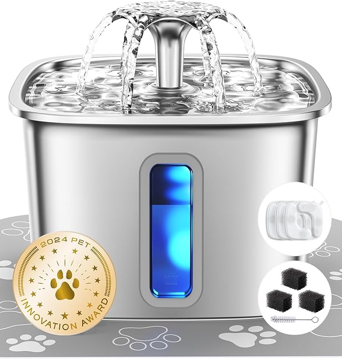 Veken Innovation Award Winner Stainless Steel Cat Water Fountain, 108oz | Automatic Pet Fountain Dog Water Dispenser with 3 Replacement Filters & Silicone Mat, Gifts for Cats, Dogs (Silver)