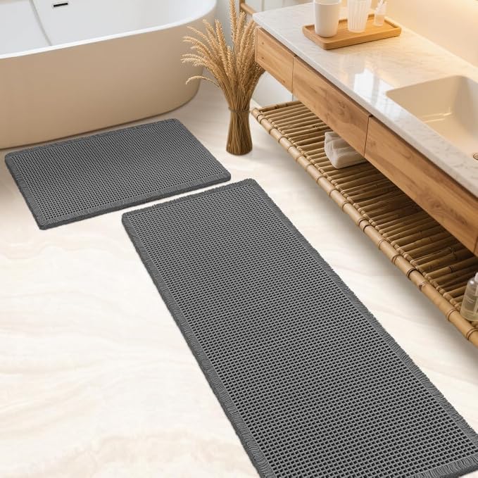 IM HOME Waffle Bath Mat Set 2 Piece Grey, Woven Modern Bath Rug Mats, Absorbent Non Slip Bath Floor Mat, Soft Washable Boho Bath Rugs with Tassels for Bathroom, Bedroom, Kitchen,Tub
