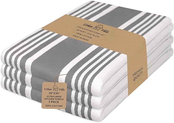 Urban Villa Kitchen Towels 100% Cotton Dish Towels for Kitchen (Set of 3) 20”x30” Dish Cloths Highly Absorbent Kitchen Linen Set with Hanging Loop Perfect for Drying Dishes Cleaning Towels-Grey White