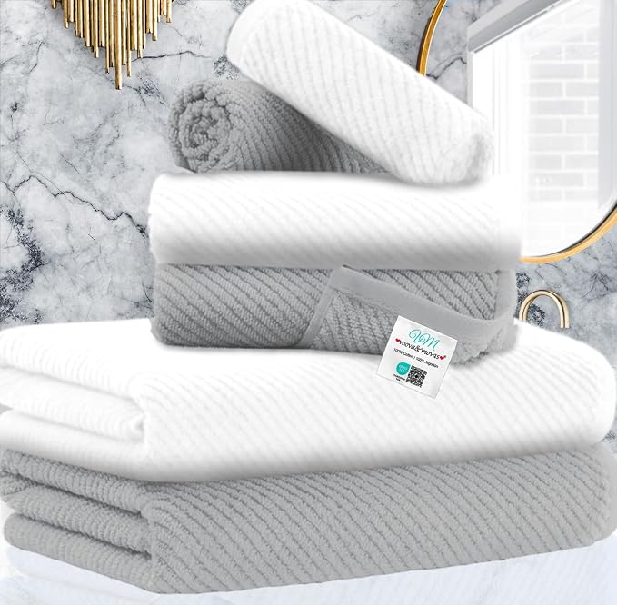 VOOVA & MOVAS 6PC Towel Set, 100% Cotton, Grey White | 2 Large Bath Towels 30x56 In, 2 Hand Towels 18x28 In, 2 Washcloths 13x13 In, Soft, Quick Dry, Bathroom Essentials