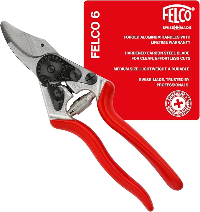 Felco F6 Pruning Shears – 7.7" Swiss-Made Garden Clippers for Medium Hands | Hand Pruners for Gardening | Garden Tool Cutter with Precision Bypass Blade, Forged Aluminum Handles, Replaceable Parts