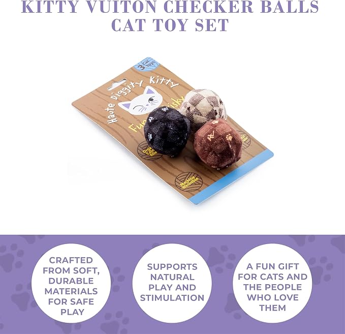 Haute Diggity Kitty Vuiton Checker Balls Set, Plush Cat Toys Catnip Filled with Interactive Crackle Sound, Safe & Durable Toys for Cat & Kitten, 3 Pcs